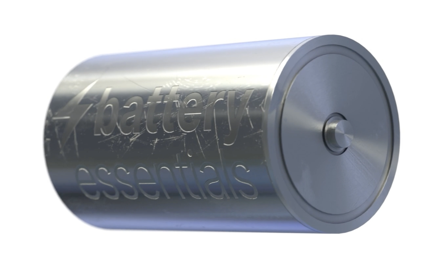 Eine metallische Rundzelle mit Battery-Essentials-Logo öffnet sich und zeigt Elektrodenwickel, Isolierung, Kontakte und Deckel.